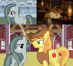 Size: 2064x1868 | Tagged: safe, artist:icaron, edit, braeburn, marble pie, pony, barn, braeble, brokeback mountain, dancing, female, heartbreak, hope, indoors, introduction, lonely, looking at each other, lyrics in the description, male, mary mcbride, meeting, movie reference, no one's gonna love you like me, outdoors, romance, sad, shipping, show accurate, smiling, song reference, straight, this will end in love, together, youtube link