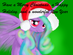 Size: 1600x1200 | Tagged: safe, artist:auroraswirls, oc, oc only, oc:aurora swirls, alicorn, pony, alicorn oc, christmas, female, gradient background, happy holidays, hat, holiday, mare, santa hat, smiling, solo, text