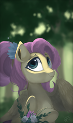 Size: 1682x2849 | Tagged: safe, artist:y-snow, fluttershy, pegasus, pony, the last problem, bust, cute, female, flower, looking at you, mare, older, older fluttershy, one wing out, portrait, shyabetes, solo, three quarter view, wings