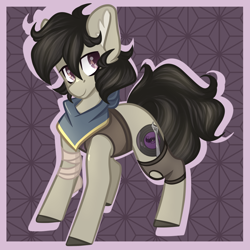 Size: 1050x1050 | Tagged: safe, artist:crimmharmony, oc, oc only, oc:octave slav, earth pony, pony, fallout equestria, abstract background, bandage, clothes, looking at you, neckerchief, solo, vest