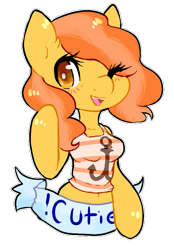 Size: 535x767 | Tagged: safe, artist:pomrawr, oc, oc only, anthro, arm hooves, banner, breasts, clothes, eye clipping through hair, female, mare, one eye closed, simple background, smiling, solo, text, transparent background, wink