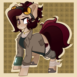 Size: 1050x1050 | Tagged: safe, artist:crimmharmony, oc, oc only, oc:crimm harmony, earth pony, pony, fallout equestria, abstract background, bandage, clothes, coat, female, goggles, jewelry, mare, necklace, pipbuck, shirt, shoes, solo