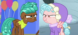Size: 882x400 | Tagged: safe, edit, edited screencap, screencap, cozy glow, spur, pegasus, pony, frenemies (episode), growing up is hard to do, angry, balloon, bow, clothes, comparison, cozy glow is best facemaker, cozy glow is not amused, cozybetes, cropped, cute, duo, duo female, faic, female, filly, foal, freckles, grumpy, hair bow, looking at each other, madorable, rivalry, scarf, scrunchy face, snow, spur is not amused, standing, tail bow, teenager, unamused, winter outfit
