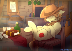 Size: 1792x1266 | Tagged: safe, artist:strafe blitz, braeburn, earth pony, pony, barrel, book, bottle, candle, chair, male, scroll, sleeping, solo, stallion, table