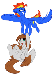 Size: 1051x1500 | Tagged: safe, artist:airfly-pony, oc, oc only, oc:scarlett drop, oc:wing hurricane, pegasus, pony, 2020 community collab, derpibooru community collaboration, duo, female, flying, frog (hoof), grin, hoofbutt, looking at each other, male, mare, scarricane, simple background, smiling, spread wings, stallion, transparent background, underhoof, wings