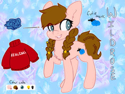 Size: 1035x780 | Tagged: safe, artist:pomrawr, oc, oc only, oc:wild rose, earth pony, pony, braid, earth pony oc, eye clipping through hair, female, flower, mare, raised hoof, reference sheet, solo