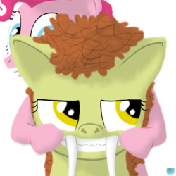 Size: 500x500 | Tagged: safe, artist:quint-t-w, pinkie pie, oc, oc:pointy white, earth pony, original species, pony, annoyed, fangs, forced smile, old art, sabertooth pony, sharp teeth, simple background, teeth, transparent background