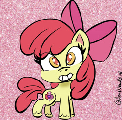 Size: 1536x1513 | Tagged: safe, artist:amynewblue, apple bloom, earth pony, pony, my little pony: pony life, apple, apple bloom's bow, bow, commission, cutie mark, female, filly, food, glitter, hair bow, smiling, solo, the cmc's cutie marks