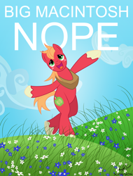 Size: 1274x1679 | Tagged: safe, artist:ponychaos13, big macintosh, earth pony, pony, bipedal, colored hooves, flower, horse collar, nope, parody, poster, solo, unshorn fetlocks, weird, yes man