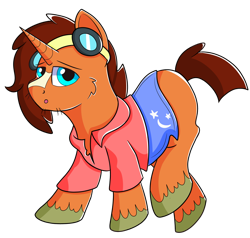 Size: 1280x1218 | Tagged: safe, artist:rainbowtashie, full steam, promontory, sunburst, oc, oc:nova reactor, earth pony, pony, unicorn, commissioner:bigonionbean, fusion, fusion:nova reactor, goggles, male, solo, stallion, thicc ass