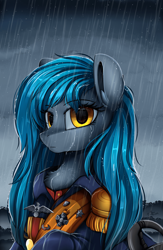 Size: 2550x3909 | Tagged: safe, artist:pridark, oc, oc:regenfall, pony, bust, clothes, commission, female, golden eyes, looking at you, medal, portrait, rain, solo, uniform, wet mane