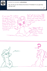 Size: 1276x1920 | Tagged: safe, artist:asklustiedawn, artist:edhelistar, luster dawn, ocellus, changedling, changeling, pony, unicorn, the last problem, ..., ask, awww, confused, dialogue, female, frog (hoof), lineart, looking at each other, looking at you, mare, mixed media, older ocellus, ponytail, question mark, talking to viewer, text, tumblr, tumblr:ask luster dawn, underhoof