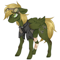 Size: 900x900 | Tagged: safe, artist:crimmharmony, oc, oc only, oc:murky, pegasus, pony, fallout equestria, fallout equestria: murky number seven, bandage, dirty, duster, fanfic art, goggles, male, simple background, solo, stallion, standing, transparent background