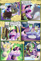 Size: 2160x3168 | Tagged: safe, artist:billblok, artist:firefanatic, derpibooru import, discord, fluttershy, rarity, twilight sparkle, twilight sparkle (alicorn), alicorn, pegasus, pony, unicorn, comic:friendship management, angry, asgore dreemurr, bed, coiling, coils, comic, crossover, cup, dialogue, teacup, undertale, what is hoo-man, yelling