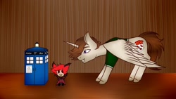 Size: 1280x720 | Tagged: safe, artist:okimichan, oc, oc:lord boom, alicorn, earth pony, pony, alastor, clothes, doctor who, doll, hazbin hotel, male, shirt, solo, stallion, tardis, toy