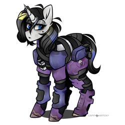 Size: 1050x1050 | Tagged: safe, artist:crimmharmony, oc, oc only, oc:shadow spade, pony, unicorn, fallout equestria, fallout equestria: kingpin, armor, beauty mark, black eyeshadow, blank, blank of rarity, commissioner:genki, dead eyes, dirty, gun, handgun, justice mare, moa stealth armor, not rarity, pistol, power armor, simple background, solo, weapon, white background