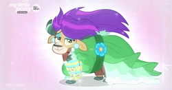 Size: 1536x806 | Tagged: safe, yona, yak, she's all yak, alternate hairstyle, clothes, cloven hooves, dress, ear piercing, earring, female, flower, jewelry, piercing, purple hair, solo, spoiler