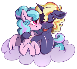 Size: 1050x950 | Tagged: safe, artist:crimmharmony, oc, oc only, pegasus, pony, unicorn, blushing, bust, cloud, couple, duo, female, looking at each other, male, mare, simple background, stallion, transparent background, unnamed oc