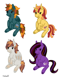 Size: 1367x1724 | Tagged: safe, artist:misskanabelle, oc, oc only, oc:amura, oc:moon singer, oc:morning raindew mist, oc:pixel perfect, earth pony, pegasus, pony, unicorn, beady eyes, blank flank, colored wings, cutie mark, fluffy, long ears, multicolored wings, smiling, wings, ych result