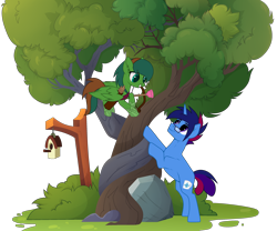 Size: 3190x2655 | Tagged: safe, artist:arche12, oc, oc:marquis majordome, oc:windy barebow evergreen, pegasus, pony, unicorn, arrow, bird house, bow (weapon), bow and arrow, commission, glasses, intertwined trees, plunger, quiver, simple background, transparent background, tree, weapon, ych result