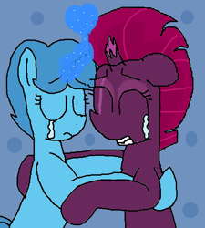 Size: 860x954 | Tagged: safe, artist:徐詩珮, fizzlepop berrytwist, spring rain, tempest shadow, unicorn, my little pony: the movie, blue background, broken horn, crying, eyes closed, female, horn, hug, lesbian, magic, mare, nuzzling, shipping, simple background, springshadow