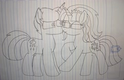 Size: 4647x2992 | Tagged: safe, artist:徐詩珮, sci-twi, spring rain, twilight sparkle, unicorn, equestria girls, cute, equestria girls ponified, female, glasses, kissing, lesbian, lineart, mare, sci-springlight, shipping, springbetes, springlight, traditional art, twiabetes, unicorn sci-twi