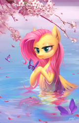 Size: 1932x3000 | Tagged: safe, artist:54600, fluttershy, butterfly, pegasus, pony, cherry blossoms, female, flower, flower blossom, looking at something, mare, raised hoof, solo, three quarter view, tree branch, water, watershy, wet mane, wings