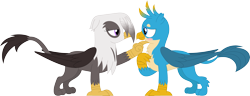 Size: 3575x1368 | Tagged: safe, artist:porygon2z, gallus, oc, oc:raiza, griffon, blushing, canon x oc, female, male, straight