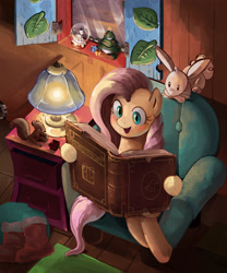 Size: 2500x3000 | Tagged: safe, artist:tya, angel bunny, fluttershy, pegasus, pony, squirrel, blushing, book, christmas, cute, female, high res, holiday, mare, open mouth, reading, shyabetes, sitting, smiling, sofa, solo