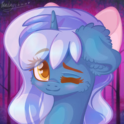 Size: 2000x2000 | Tagged: safe, artist:kindny-chan, oc, oc:fleurbelle, alicorn, adorable face, alicorn oc, blushing, bow, cheek fluff, cute, ear fluff, female, golden eyes, hair bow, mare, one eye closed, wink