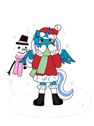 Size: 774x1032 | Tagged: safe, artist:melodywinds, oc, oc:fleurbelle, alicorn, alicorn oc, boots, christmas, clothes, coat, female, gloves, golden eyes, hat, holiday, mare, santa hat, scarf, shoes, snow, snowman, socks, winter, winter outfit