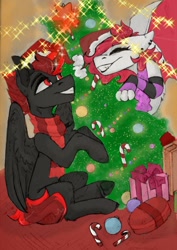 Size: 848x1200 | Tagged: safe, oc, oc:dark star, oc:spensira black, alicorn, dracony, dragon, hybrid, pony, alicorn oc, christmas, christmas lights, christmas tree, female, holiday, male, male alicorn oc, red and black oc, red eyes, solo, tree