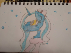 Size: 1032x774 | Tagged: safe, artist:stormlover10, oc, oc:fleurbelle, alicorn, adorable face, alicorn oc, bow, clothes, cute, female, golden eyes, hair bow, mare, scarf, smiling, snow, snowfall, traditional art