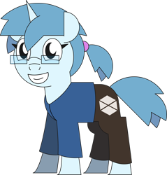 Size: 2758x2881 | Tagged: safe, artist:gd_inuk, oc, oc only, oc:gem inukshuk, pony, unicorn, 2020 community collab, clothes, derpibooru community collaboration, female, glasses, mare, ponytail, simple background, smiling, solo, transparent background, unicorn oc