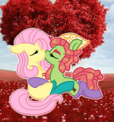 Size: 844x904 | Tagged: safe, artist:doodleponyxx, artist:mlpbasemaker33, fluttershy, tree hugger, earth pony, pegasus, pony, base used, clothes, female, flower, flutterhugger, french kiss, grass, hug, kissing, lesbian, mare, missing cutie mark, shipping, socks, tree