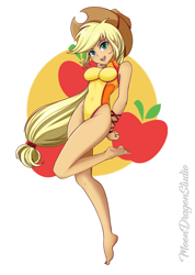 Size: 900x1265 | Tagged: safe, artist:silver-wingx, applejack, equestria girls, adorasexy, applerack, barefoot, breasts, clothes, cowboy hat, cute, cutie mark background, feet, female, freckles, hat, one-piece swimsuit, open mouth, sexy, solo, stetson, stupid sexy applejack, swimsuit