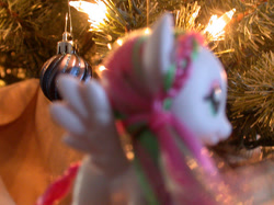 Size: 550x412 | Tagged: safe, artist:phasingirl, blossomforth, christmas, christmas lights, christmas ornament, christmas tree, close-up, custom, decoration, holiday, irl, out of focus, photo, solo, toy, tree