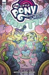 Size: 1318x2000 | Tagged: safe, artist:kate sherron, idw, marble pie, maud pie, spoiler:comic, spoiler:comic86, balloon, banner, cake, cover, food, hat, party, party hat, rock