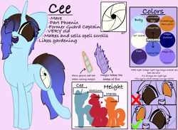 Size: 2430x1779 | Tagged: safe, artist:ceemakesstuff, oc, oc only, oc:cee, pony, unicorn, cutie mark, eye clipping through hair, female, magic, no pupils, reference sheet, text