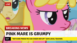 Size: 640x360 | Tagged: safe, edit, edited screencap, screencap, cherry berry, sunshower raindrops, earth pony, pegasus, pony, break your own news, breaking news, episode needed, female, grumpy, mare, meme, solo focus