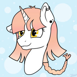 Size: 1500x1500 | Tagged: safe, artist:jellyys, oc, oc only, pony, unicorn, abstract background, bust, commission, golden eyes, smiling, solo