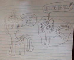 Size: 721x582 | Tagged: safe, artist:nightshadowmlp, twilight sparkle, twilight sparkle (alicorn), alicorn, pony, dialogue, female, filly, filly twilight sparkle, glowing horn, horn, implied time travel, levitation, lined paper, magic, self ponidox, telekinesis, time paradox, traditional art, twilight is not amused, unamused, younger