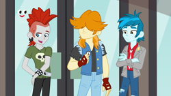 Size: 1280x720 | Tagged: safe, screencap, crimson napalm, thunderbass, valhallen, better together, equestria girls, holidays unwrapped, background human, clothes, crossed arms, fingerless gloves, gloves, male, pants, plusplus
