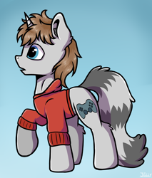 Size: 1700x2000 | Tagged: safe, artist:jellyys, oc, oc only, original species, pony, raccoon pony, unicorn, blue background, blue eyes, clothes, gamer, gradient background, solo