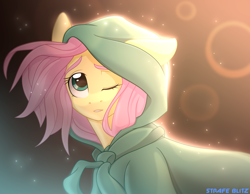 Size: 2784x2160 | Tagged: safe, artist:strafe blitz, fluttershy, pegasus, pony, cape, clothes, cute, ear down, female, high res, hoodie, mare, one eye closed, shyabetes, solo