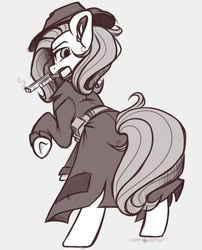 Size: 750x926 | Tagged: safe, artist:crimmharmony, oc, oc only, oc:nubes mortem, earth pony, pony, fallout equestria, belt, clothes, coat, female, gun, handgun, hat, looking at you, looking back, looking back at you, mare, monochrome, pistol, rear view, rearing, simple background, solo, white background