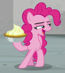Size: 583x655 | Tagged: safe, screencap, pinkie pie, earth pony, pony, the last laugh, cropped, female, food, lidded eyes, mare, open mouth, pie, raised hoof, solo