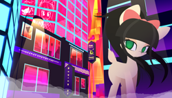 Size: 3840x2178 | Tagged: safe, artist:an-m, oc, oc:callie, deer, deer pony, original species, bow, buying gf, hair bow, neon, neon sign, risk of rain, synthwave