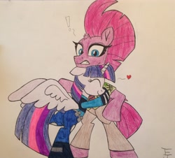 Size: 2422x2187 | Tagged: safe, artist:ejlightning007arts, tempest shadow, twilight sparkle, twilight sparkle (alicorn), alicorn, pony, butt, clothes, colored, cute, female, hug, judy hopps, lesbian, love, nick wilde, plot, police uniform, raised leg, shipping, surprised, tempestlight, traditional art, zootopia