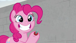 Size: 1920x1080 | Tagged: safe, screencap, pinkie pie, earth pony, pony, the last laugh, female, holding, joy buzzer, mare, raised hoof, solo